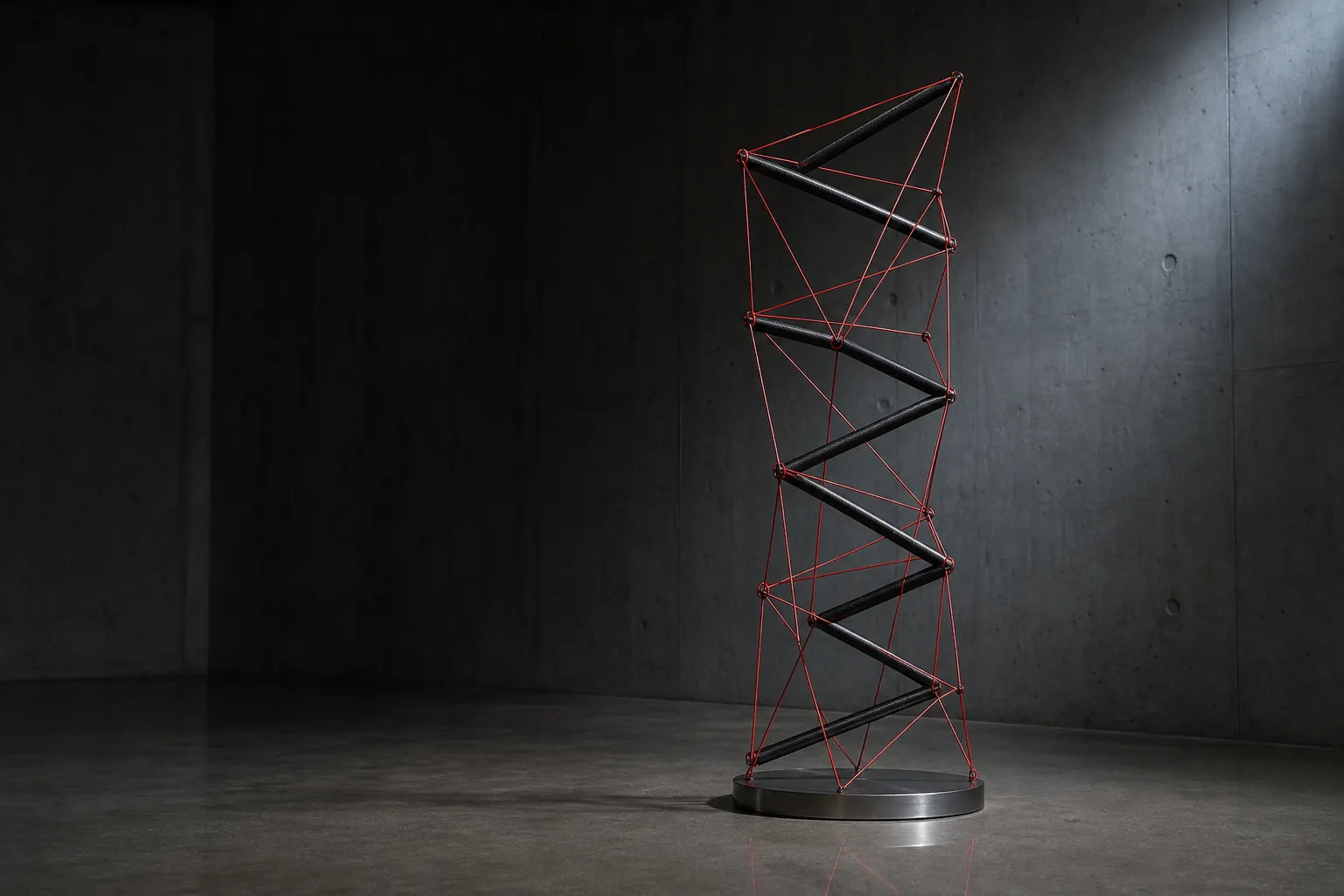 A tensegrity column of matte carbon rods suspended in taut red cords, standing on a concrete floor under a single shaft of light